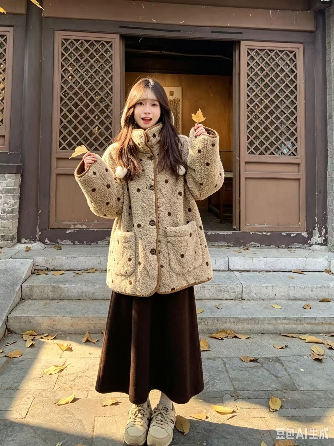 오트밀 우유 버블 겨울 중간 길이 착용 피모 하나 도트 무늬 양털 여성 코트 상세 이미지 2