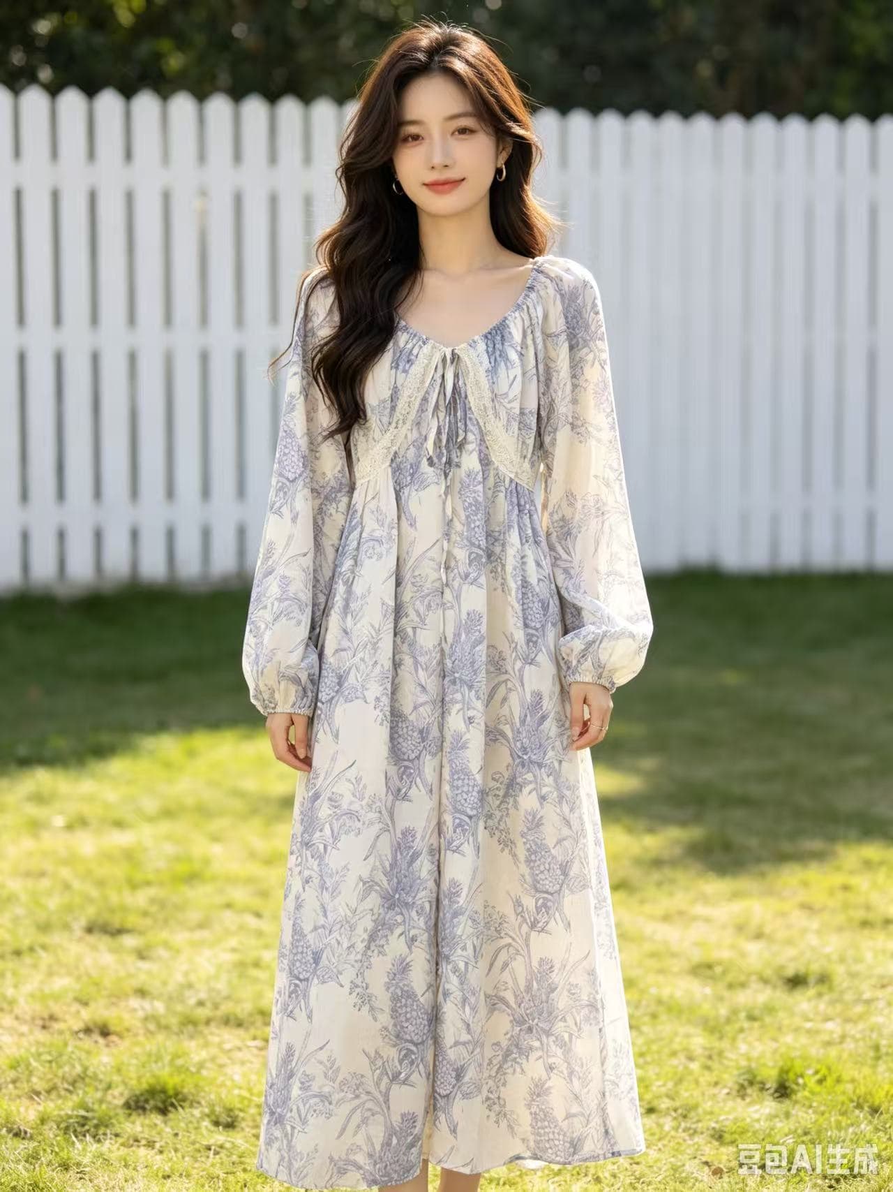 가을 새로운 중간 길이 루즈핏 긴팔 꽃무늬 여성 드레스 이미지 3