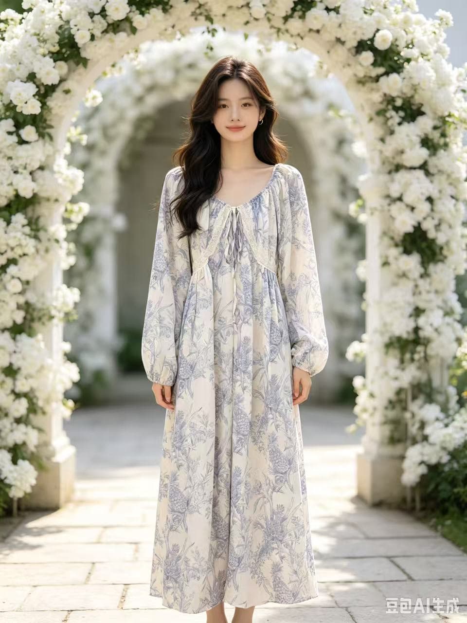 가을 새로운 중간 길이 루즈핏 긴팔 꽃무늬 여성 드레스 이미지 4