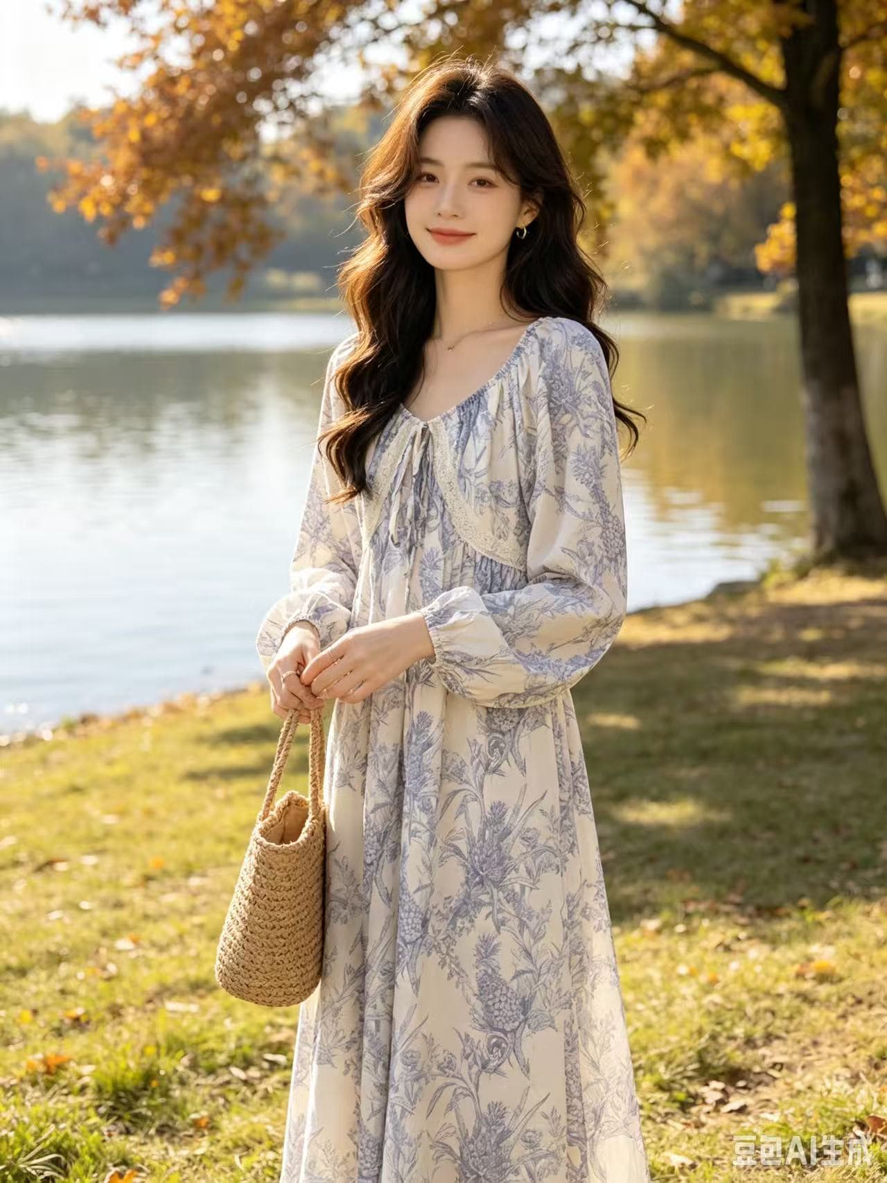 가을 새로운 중간 길이 루즈핏 긴팔 꽃무늬 여성 드레스 상세 이미지 1