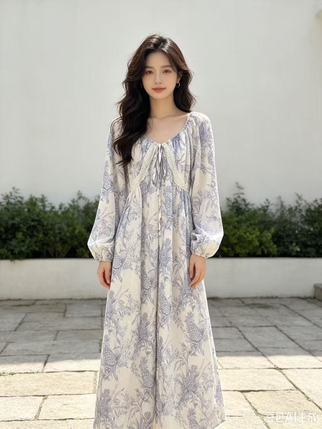 가을 새로운 중간 길이 루즈핏 긴팔 꽃무늬 여성 드레스 상세 이미지 4