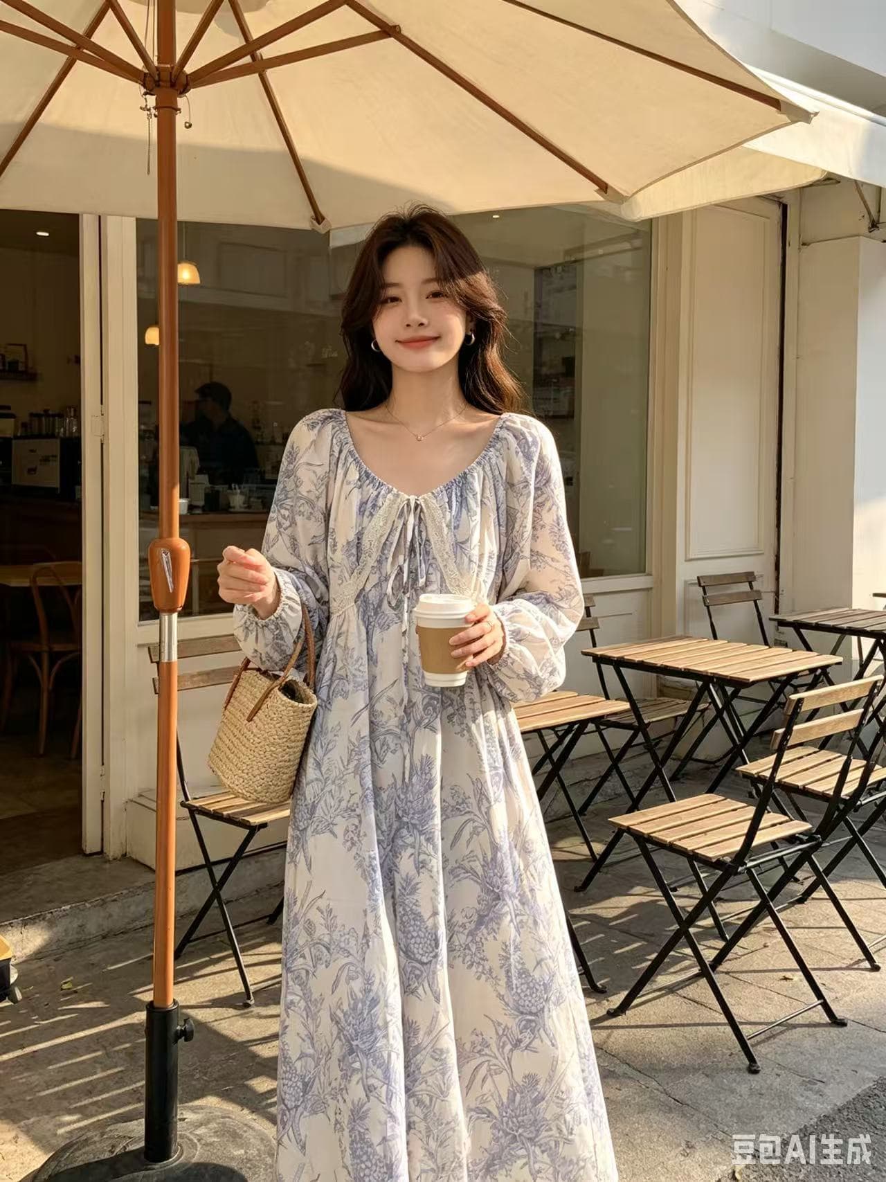 가을 새로운 중간 길이 루즈핏 긴팔 꽃무늬 여성 드레스 상세 이미지 6