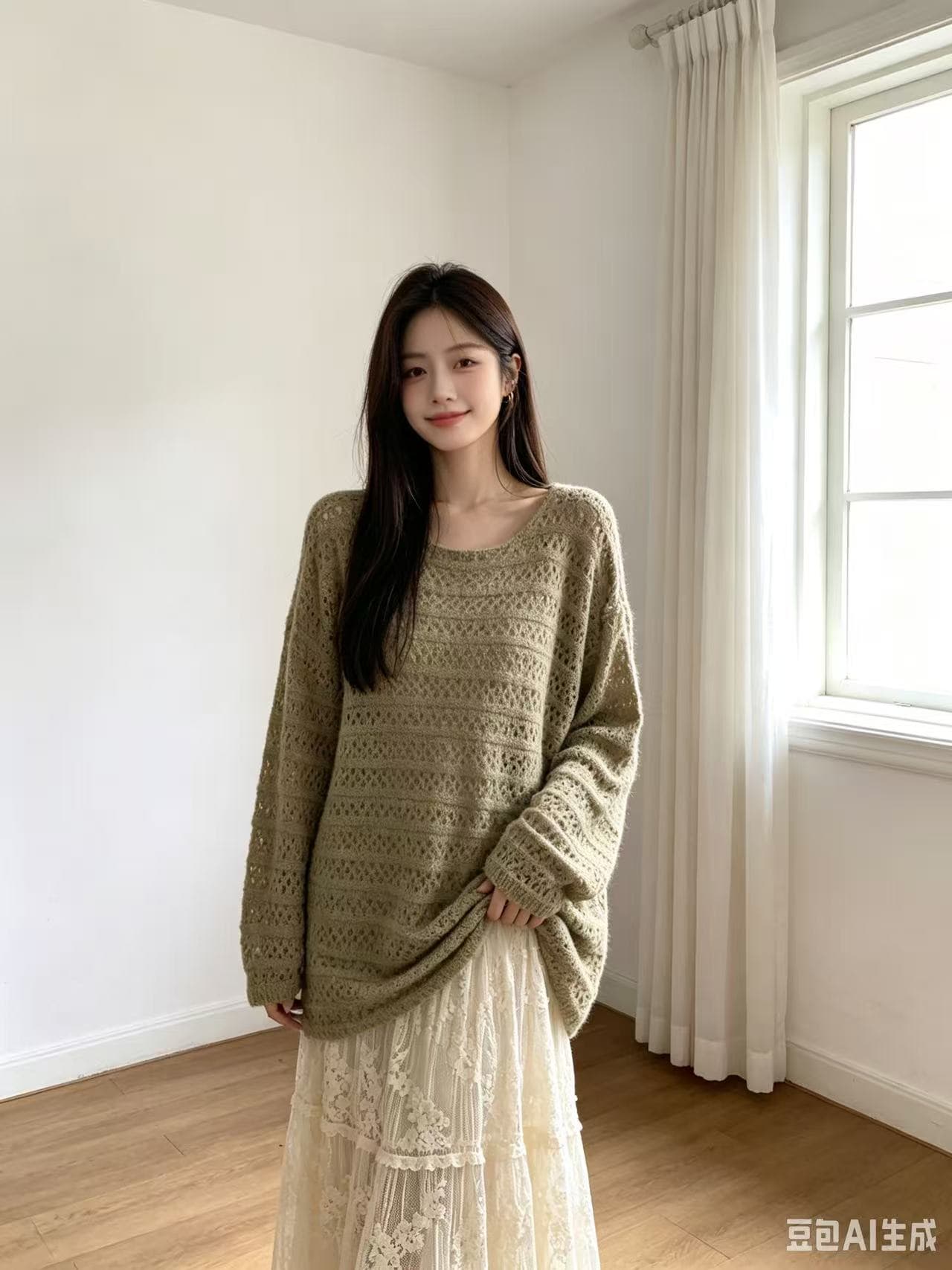 가을 새로운 라운드 넥 홀로우 아웃 루즈핏 풀오버 니트 스웨터 여성 코트 상세 이미지 1