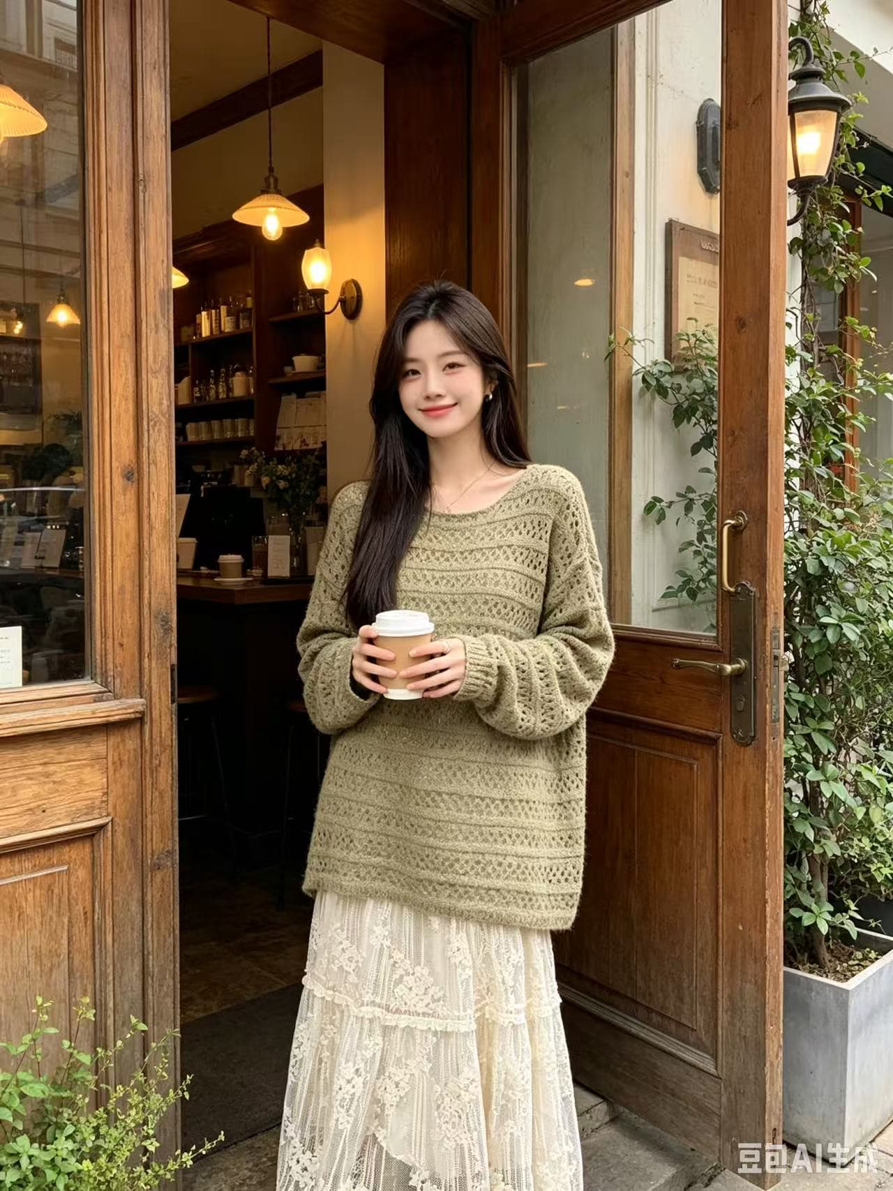 가을 새로운 라운드 넥 홀로우 아웃 루즈핏 풀오버 니트 스웨터 여성 코트 상세 이미지 2