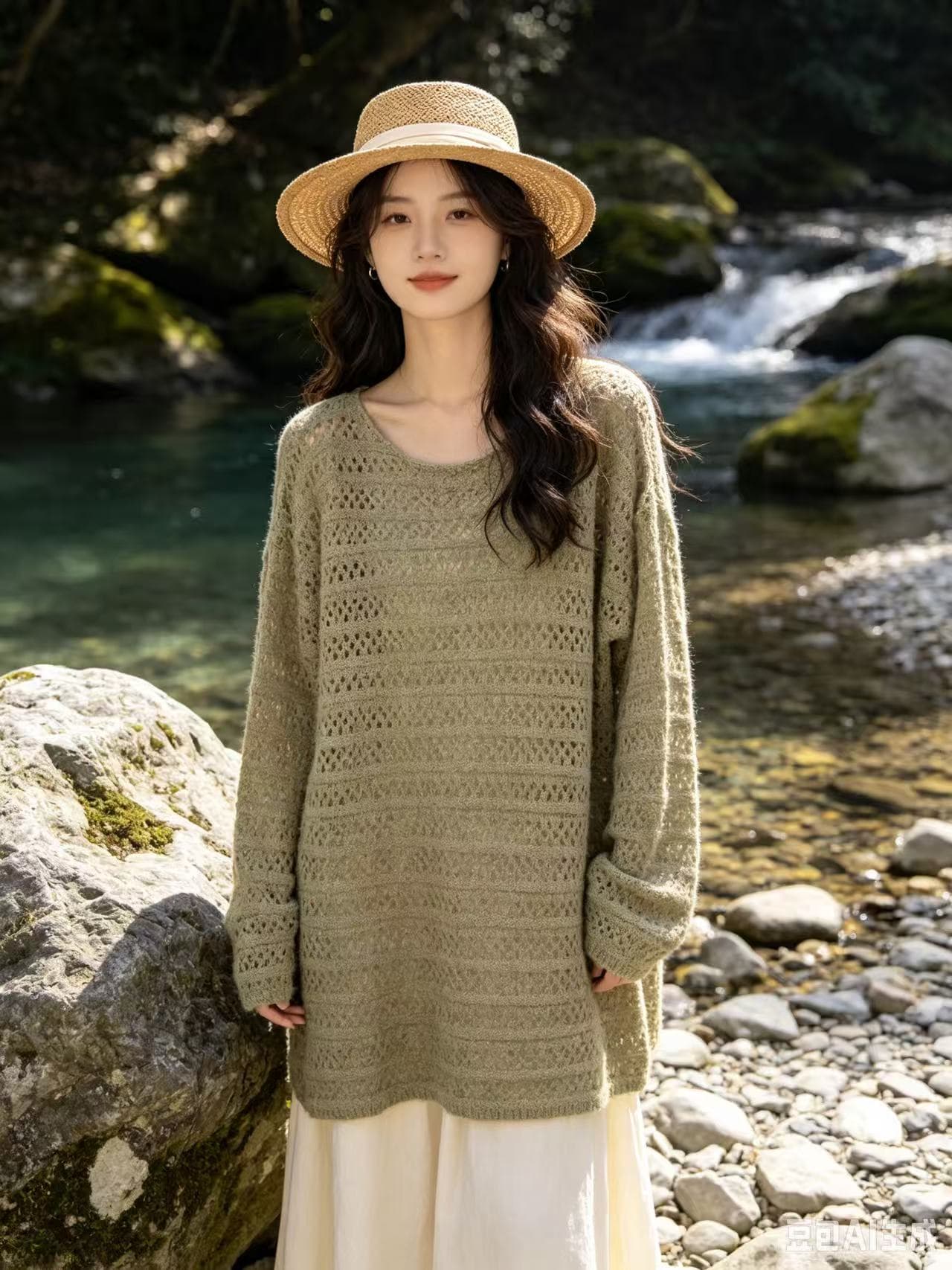 가을 새로운 라운드 넥 홀로우 아웃 루즈핏 풀오버 니트 스웨터 여성 코트 상세 이미지 8