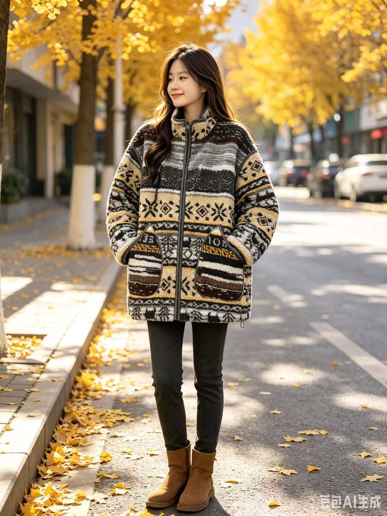 공정한 섬 편지 과립 양털 오스트리아 과립 플러시 스탠드 칼라 두꺼운 재킷 이미지 3