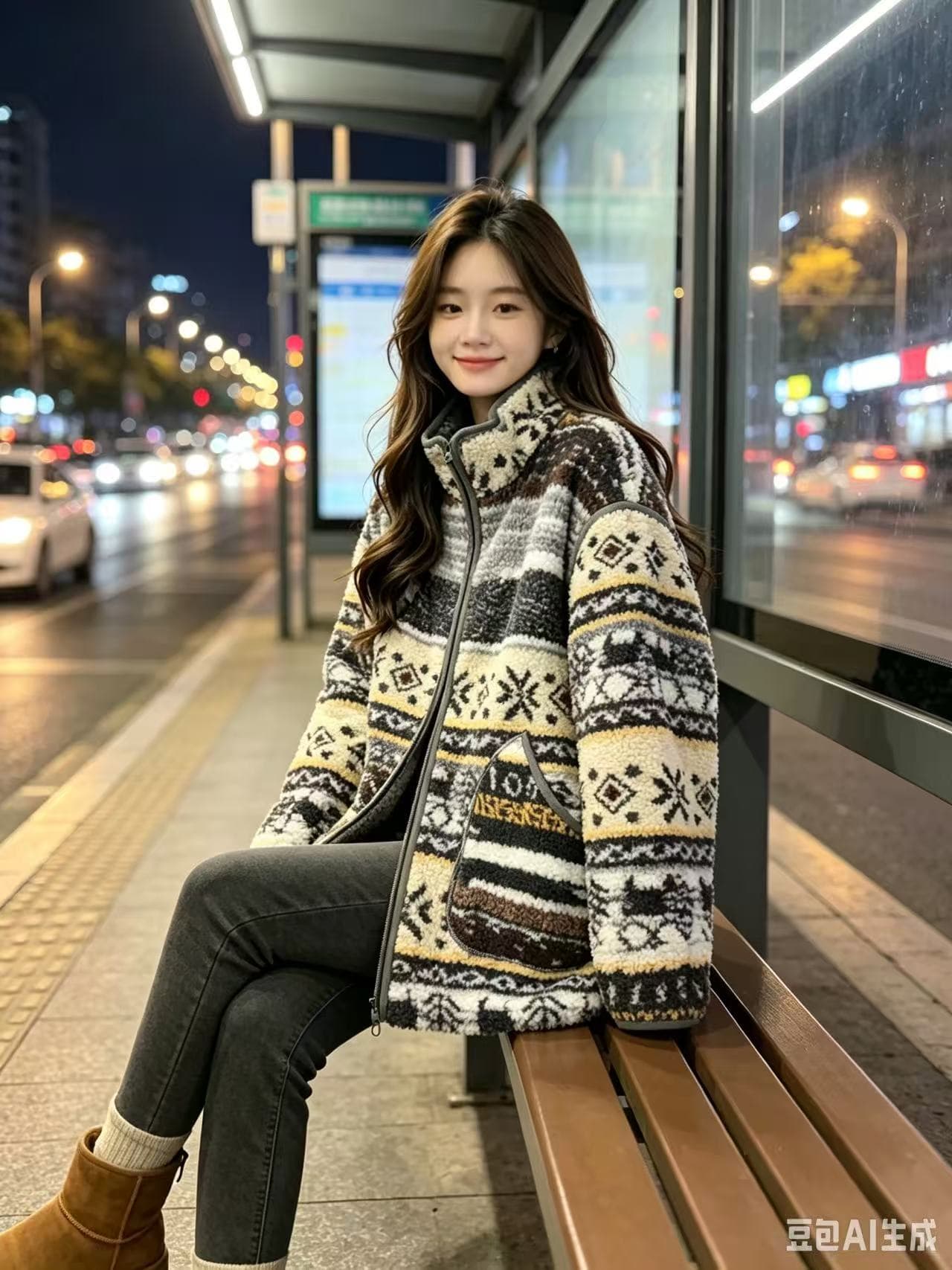 공정한 섬 편지 과립 양털 오스트리아 과립 플러시 스탠드 칼라 두꺼운 재킷 상세 이미지 7