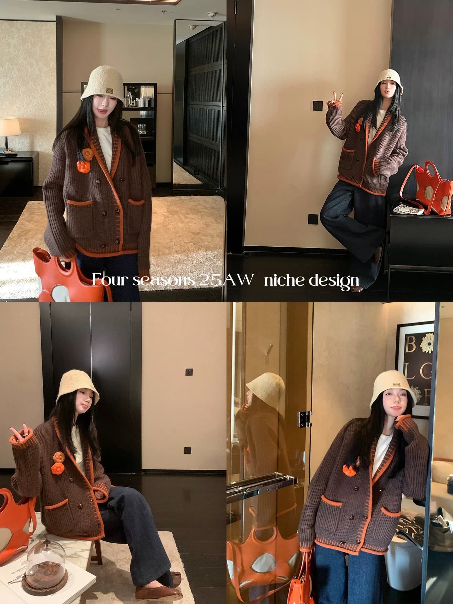 캐러멜 榛 과일 배색 폴로 칼라 루즈핏 가을 어깨 스웨터 코트 두꺼운 새로운 털 니트 스웨터