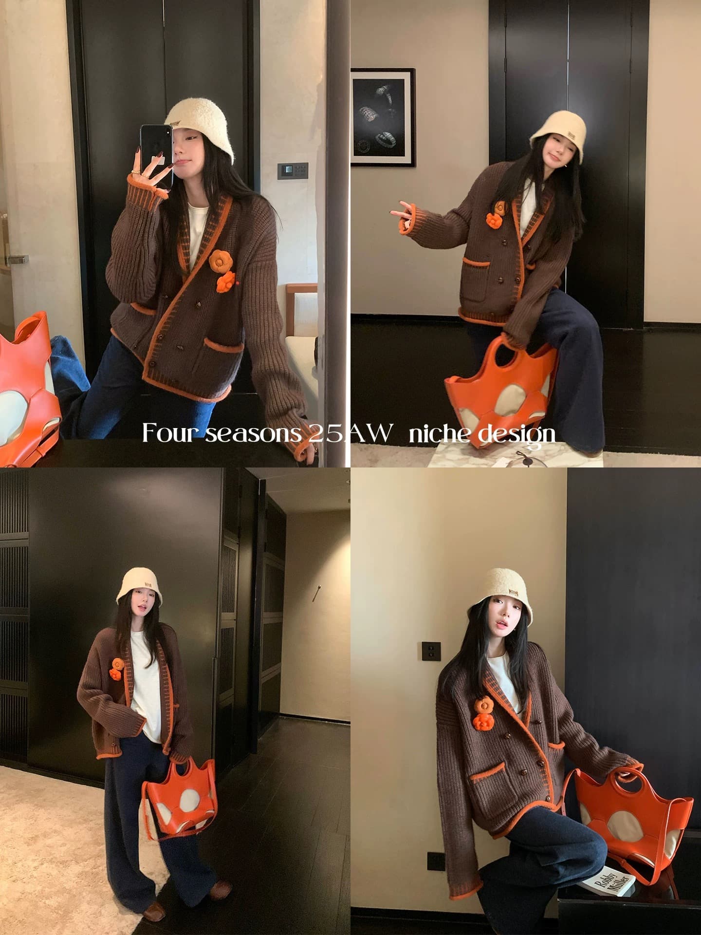 캐러멜 榛 과일 배색 폴로 칼라 루즈핏 가을 어깨 스웨터 코트 두꺼운 새로운 털 니트 스웨터 상세 이미지 1