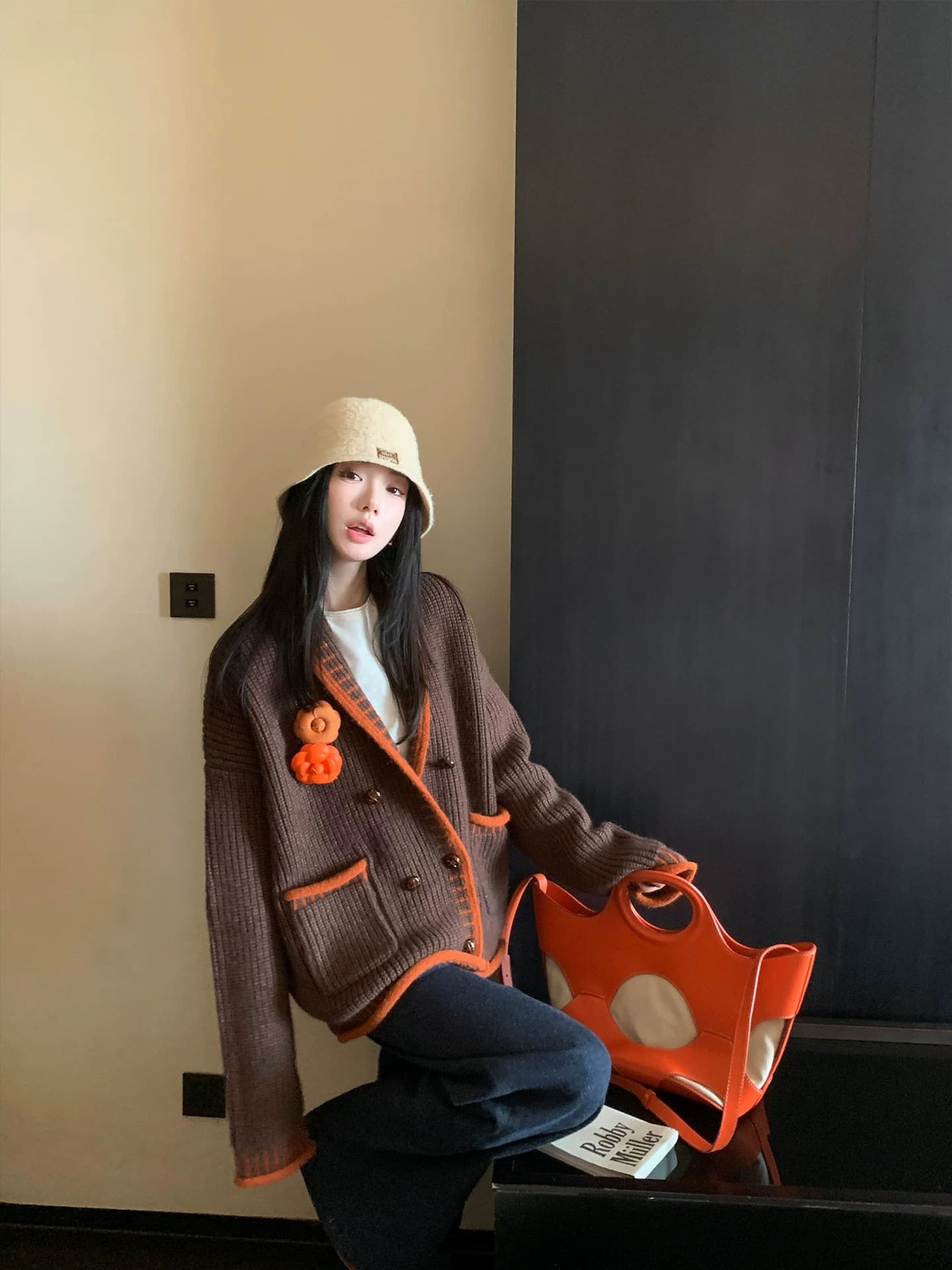 캐러멜 榛 과일 배색 폴로 칼라 루즈핏 가을 어깨 스웨터 코트 두꺼운 새로운 털 니트 스웨터 상세 이미지 7