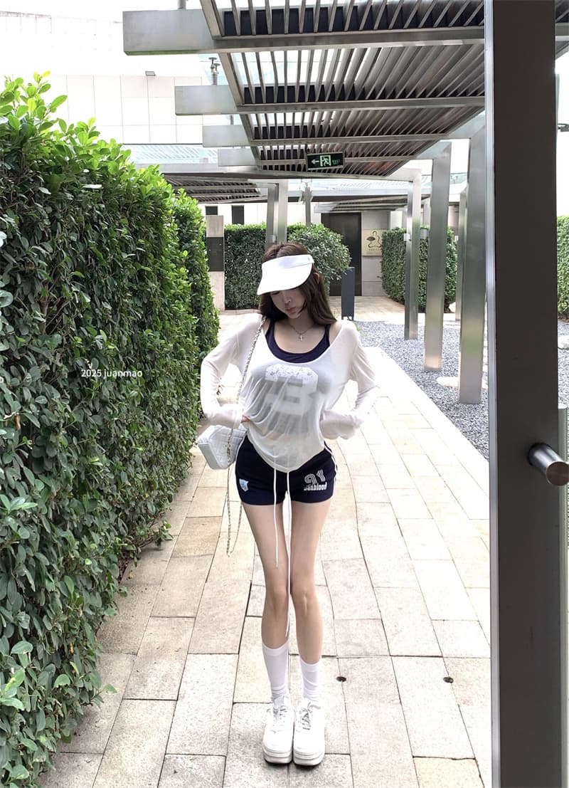 실사 핫걸 섹시함 스포츠 슈트 여성 계절 새로운 캐미솔 반바지 자외선 차단 블라우스 3종 세트 상세 이미지 11