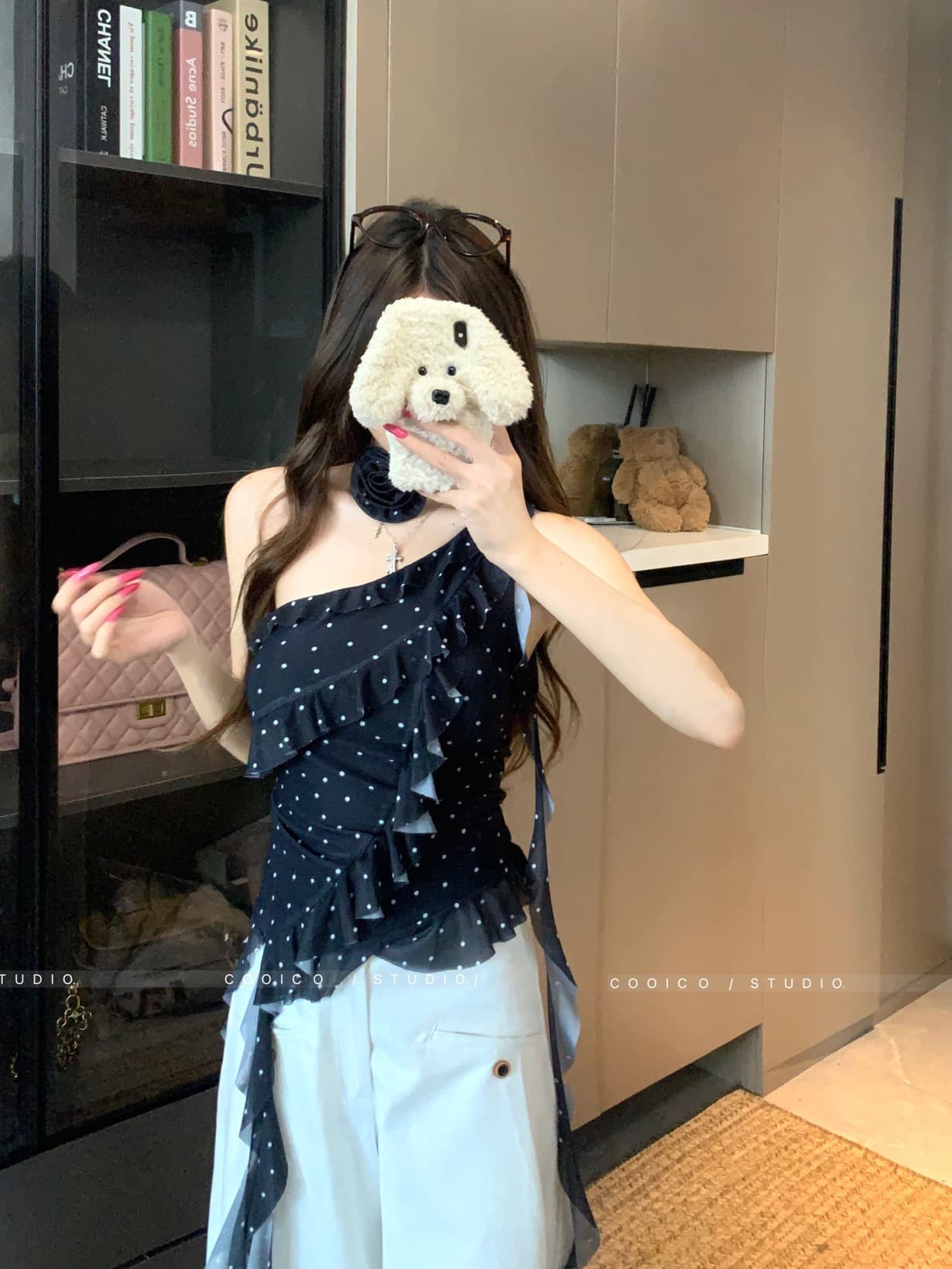 실사 프랑스식 오프숄더 도트 무늬 쉬폰 블라우스 불규칙 리본 프릴 슬립 맨위 이미지 3