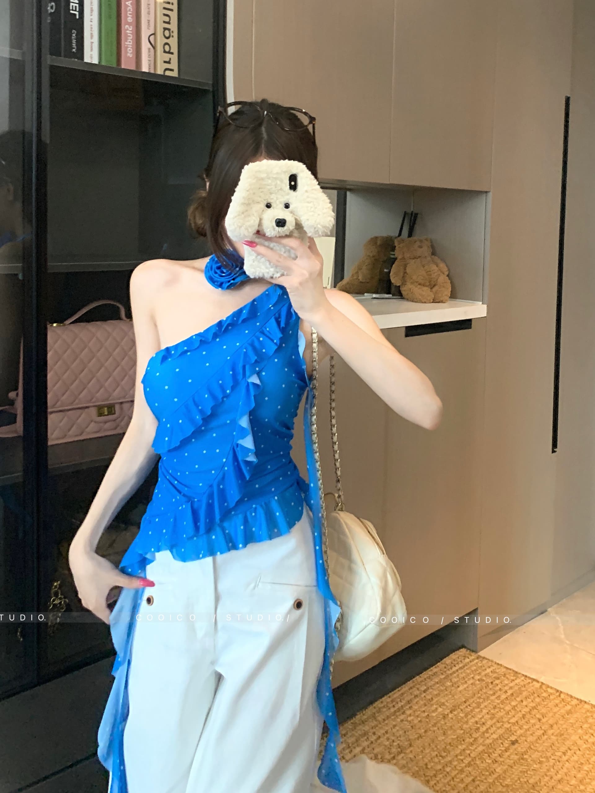실사 프랑스식 오프숄더 도트 무늬 쉬폰 블라우스 불규칙 리본 프릴 슬립 맨위 이미지 2