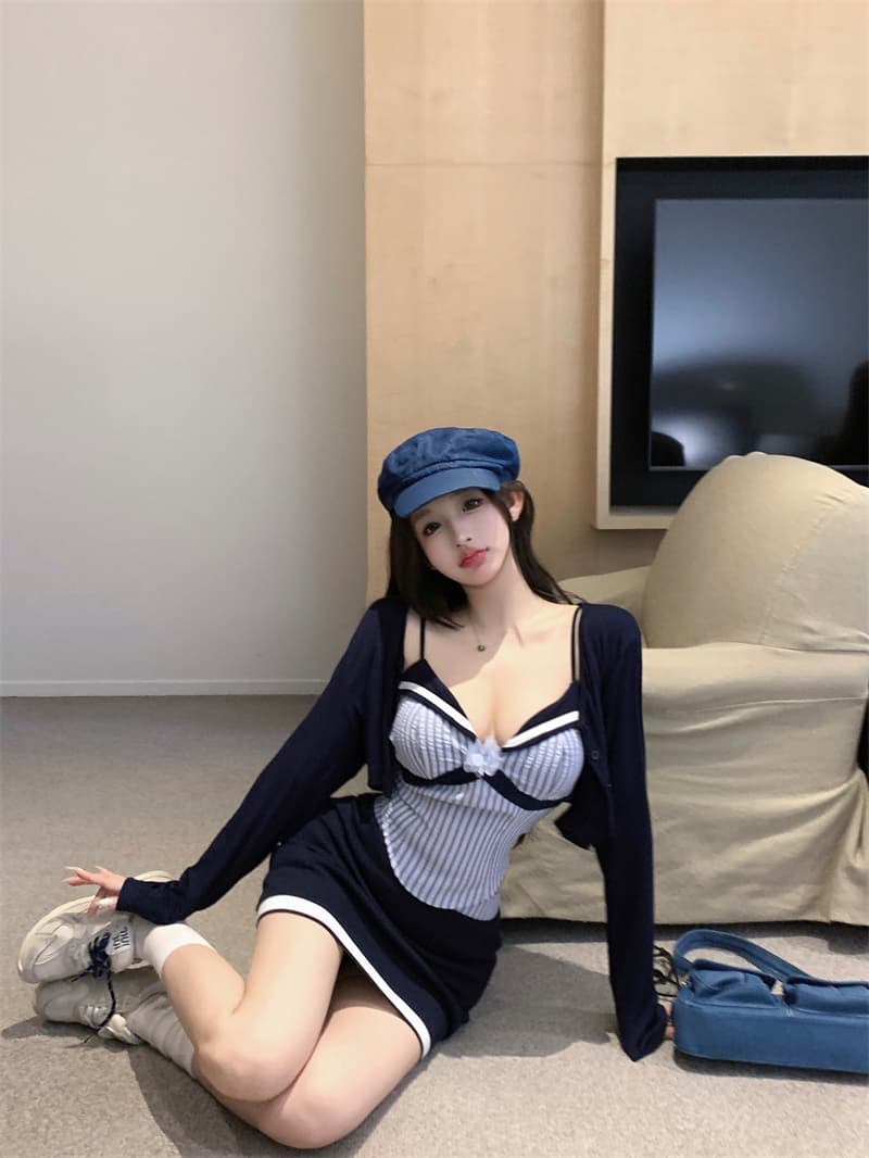 실사 핫걸 오프숄더 꽃 캐미솔 자외선 차단 블라우스 여성 여름 새로운 타이트 스커트 미니 스커트 세트 상세 이미지 9