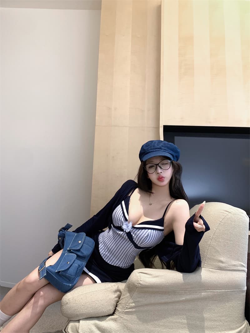 실사 핫걸 오프숄더 꽃 캐미솔 자외선 차단 블라우스 여성 여름 새로운 타이트 스커트 미니 스커트 세트 상세 이미지 13
