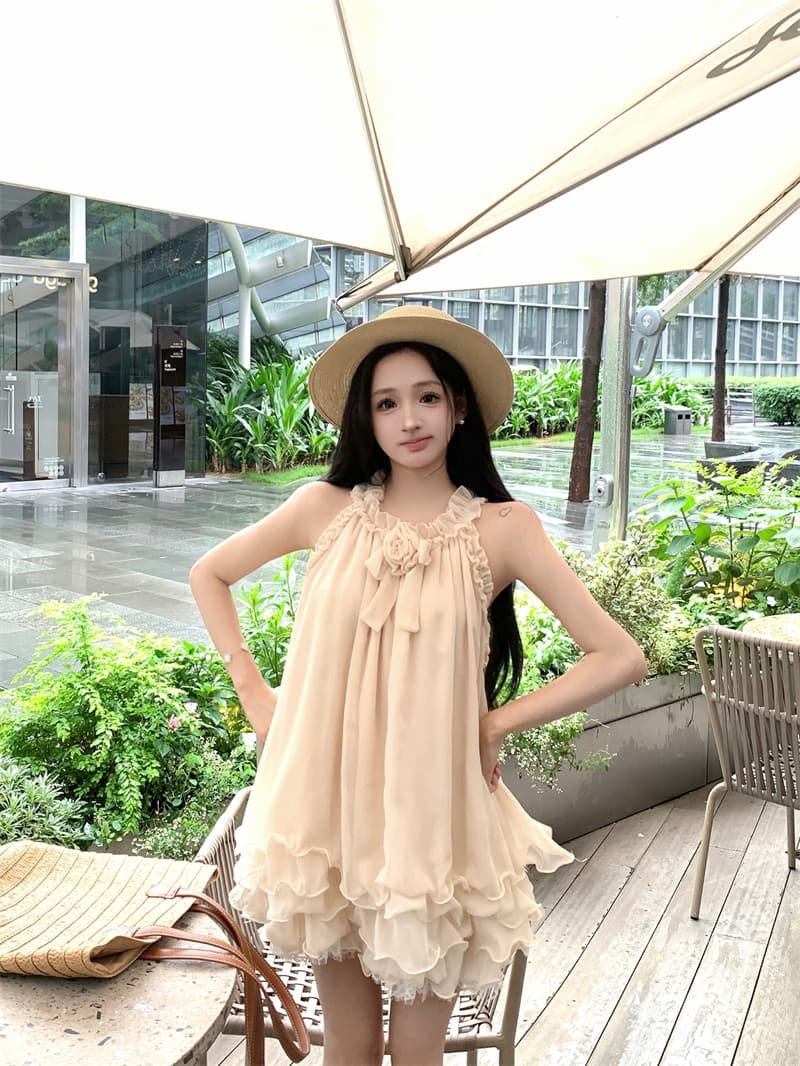 실사 프릴 행침 목 민소매 레이스 레이스 드레스 부유 한 가족 천 금빛 바람 오프숄더 미니 스커트 이미지 2