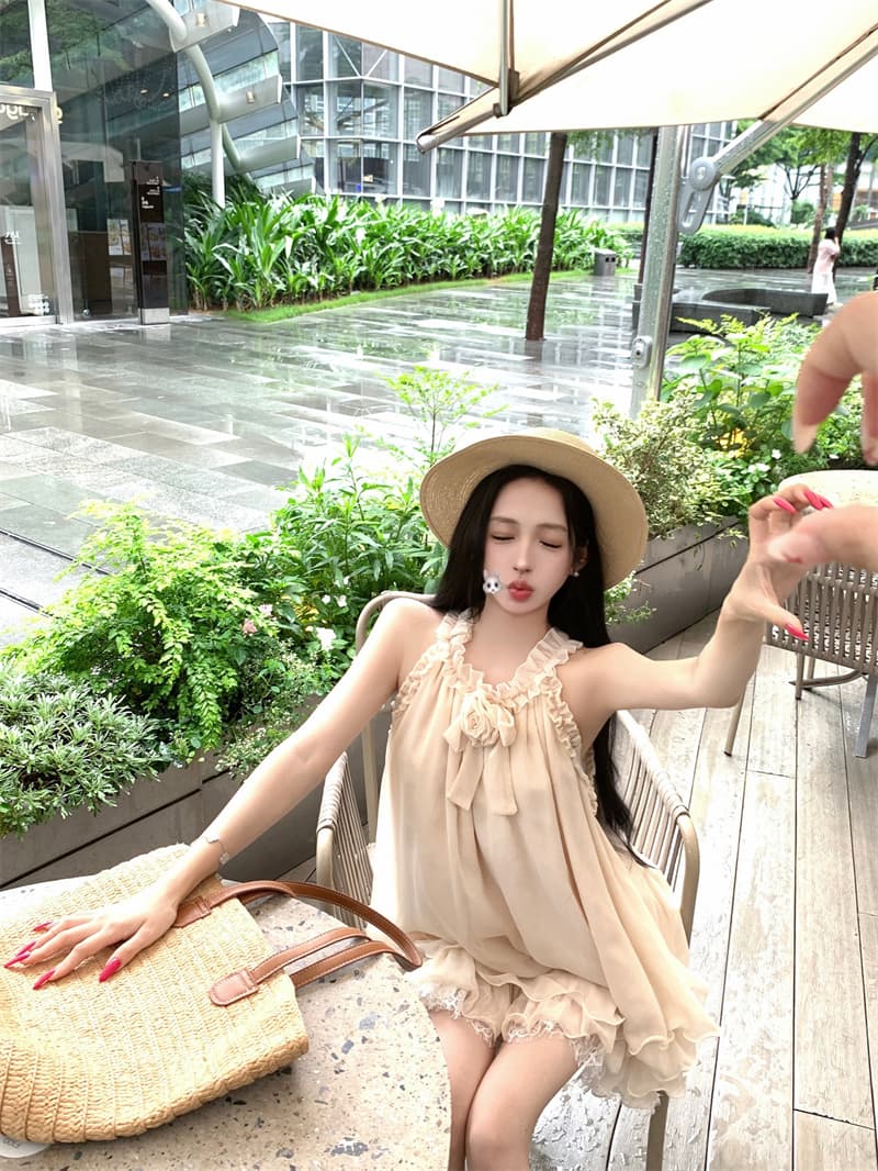 실사 프릴 행침 목 민소매 레이스 레이스 드레스 부유 한 가족 천 금빛 바람 오프숄더 미니 스커트 상세 이미지 5