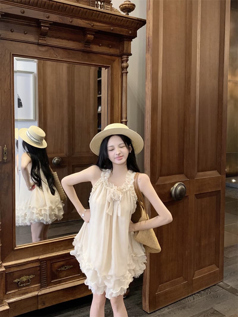 실사 프릴 행침 목 민소매 레이스 레이스 드레스 부유 한 가족 천 금빛 바람 오프숄더 미니 스커트 상세 이미지 6