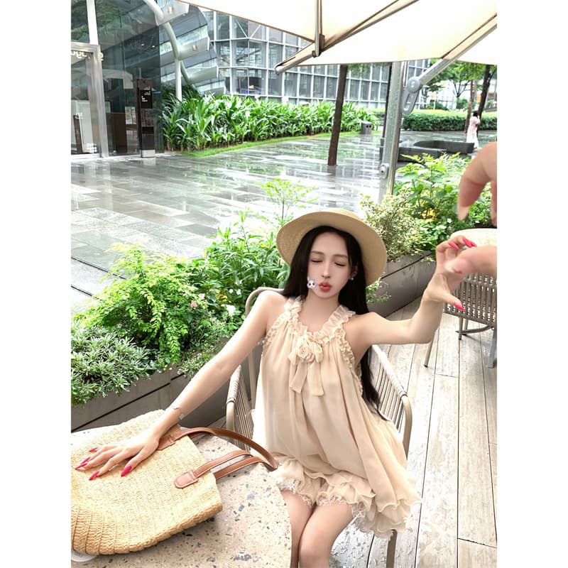 실사 프릴 행침 목 민소매 레이스 레이스 드레스 부유 한 가족 천 금빛 바람 오프숄더 미니 스커트 이미지 5