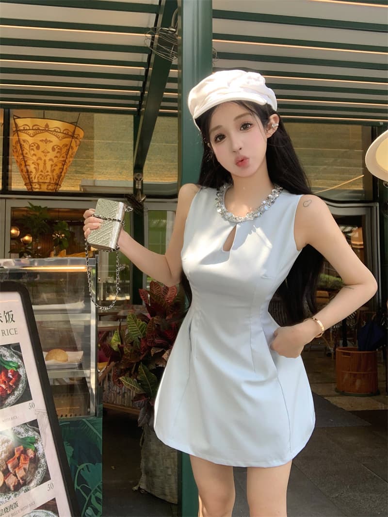 실사 민소매 프랑스식 여성 드레스 2025 여름 고급 센스 조끼 스커트 A라인 스커트 천 골드 치마 상세 이미지 1
