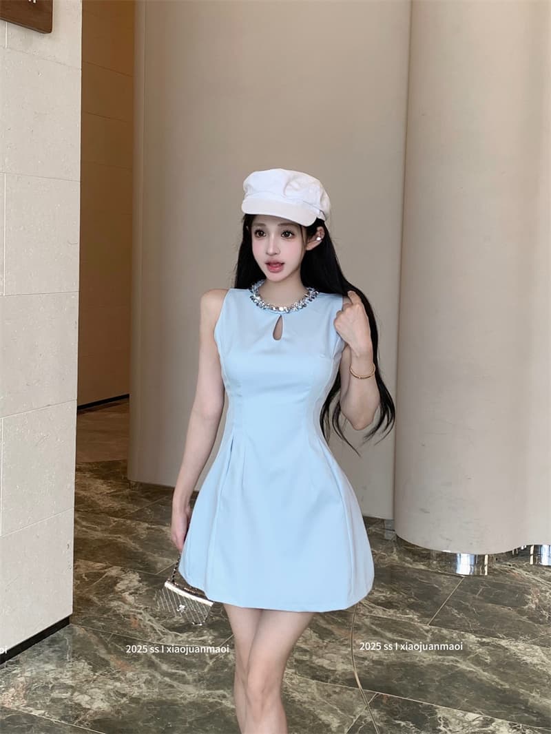 실사 민소매 프랑스식 여성 드레스 2025 여름 고급 센스 조끼 스커트 A라인 스커트 천 골드 치마 상세 이미지 5