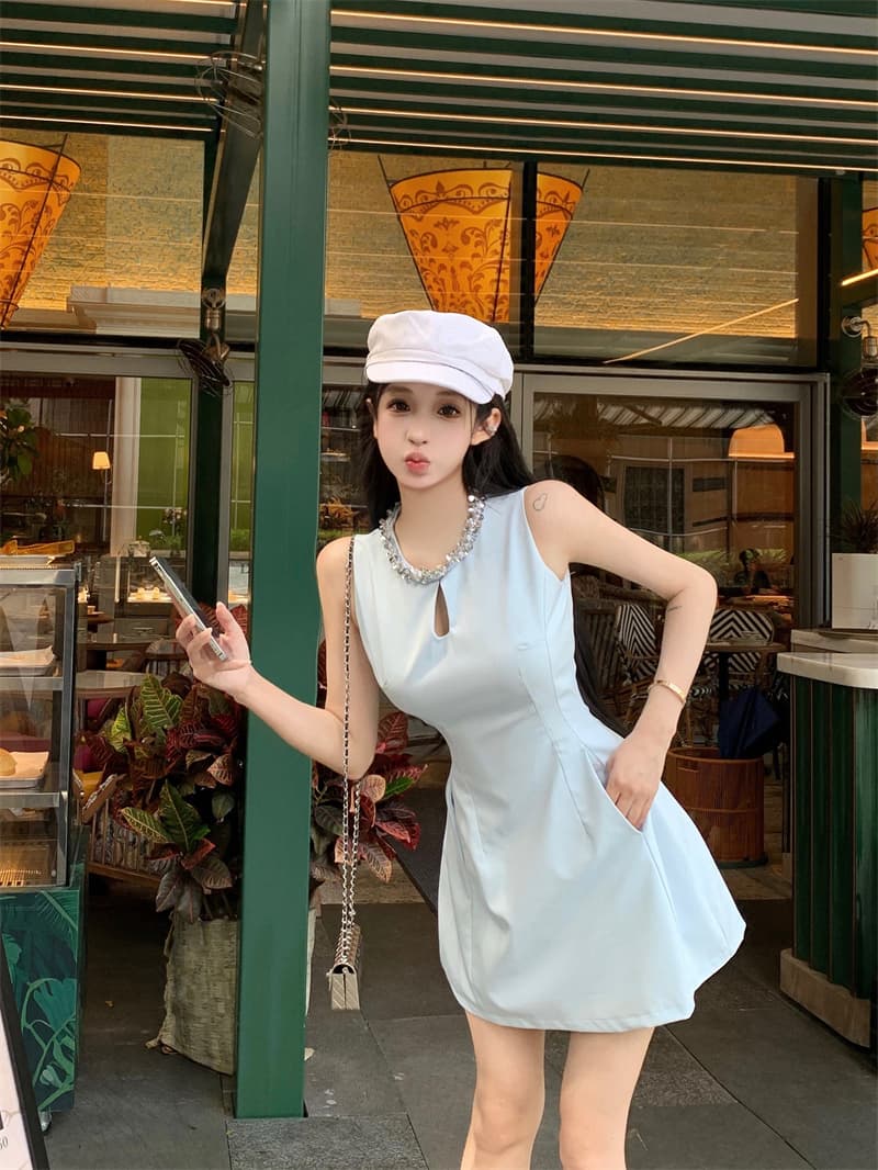실사 민소매 프랑스식 여성 드레스 2025 여름 고급 센스 조끼 스커트 A라인 스커트 천 골드 치마 상세 이미지 6