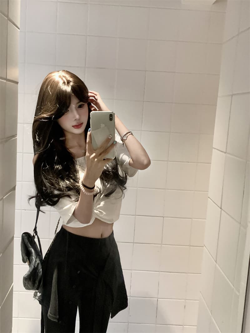 실사 순수한 욕망 핫걸 비틀림 디자인 오프숄더 짧은 맨위 페이크 레이어드 스트랩 스택 착용 부츠컷 캐주얼 바지 상세 이미지 10