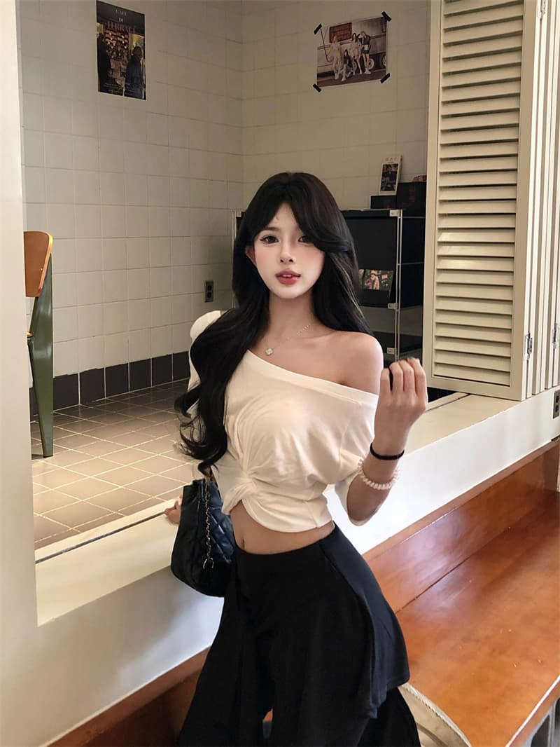 실사 순수한 욕망 핫걸 비틀림 디자인 오프숄더 짧은 맨위 페이크 레이어드 스트랩 스택 착용 부츠컷 캐주얼 바지 상세 이미지 11