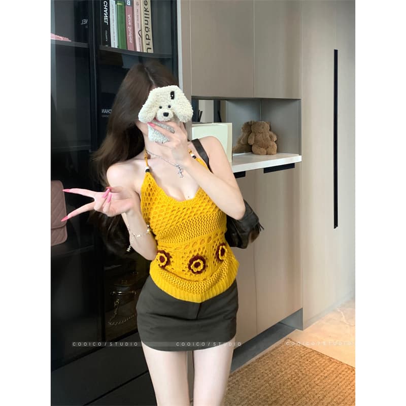 실사 재고 상품 꽃 홀로우 아웃 양모 조끼 오리지널 행침 목 스트랩 나무 구슬 장식 니트 슬립 이미지 5