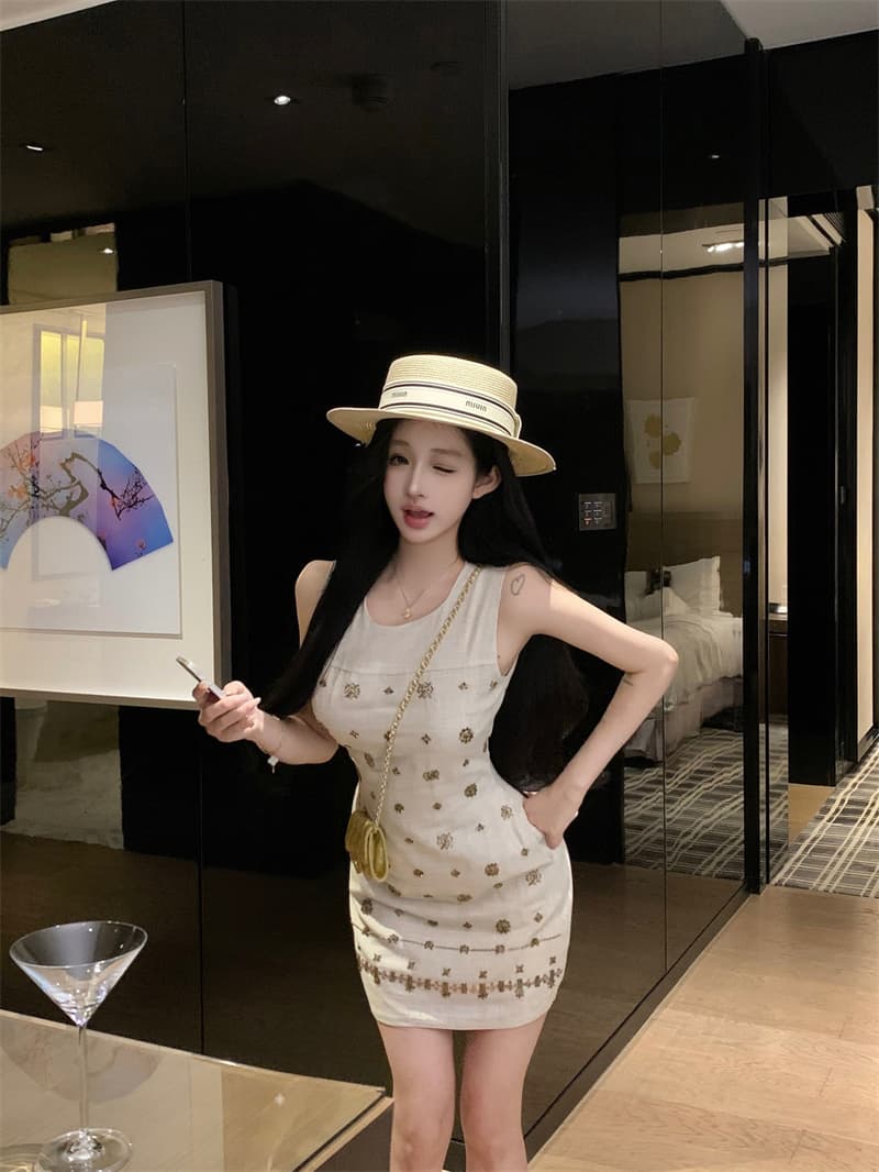 실사 민소매 프랑스식 여성 드레스 2025 여름 면 린넨 천 골드 센스 조끼 스커트 비싼 가스 치마 상세 이미지 7