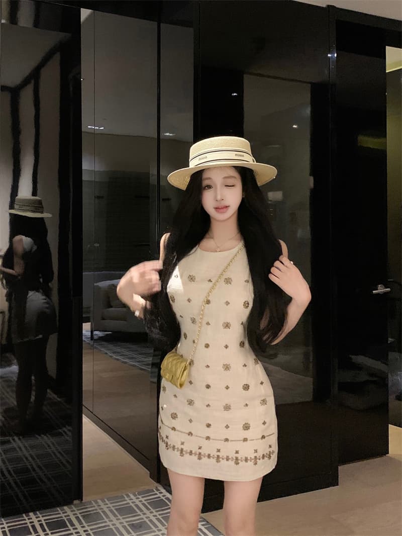 실사 민소매 프랑스식 여성 드레스 2025 여름 면 린넨 천 골드 센스 조끼 스커트 비싼 가스 치마 상세 이미지 12
