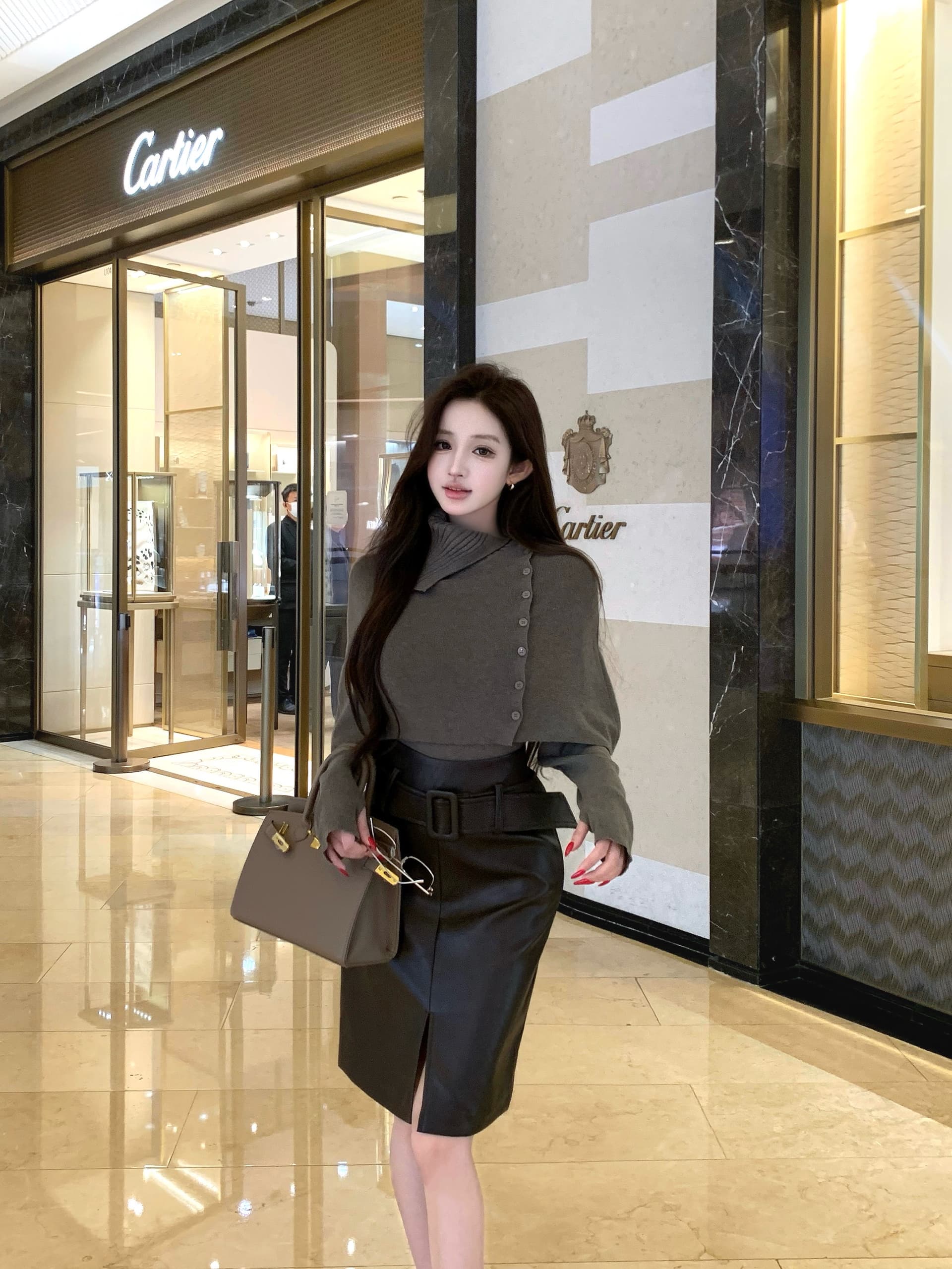 실사 느긋한 바람 터틀넥 숄 망토 니트 스웨터 스웨터 두 조각 여성 세트 PU 가죽 트임 스트레이트 치마 세트