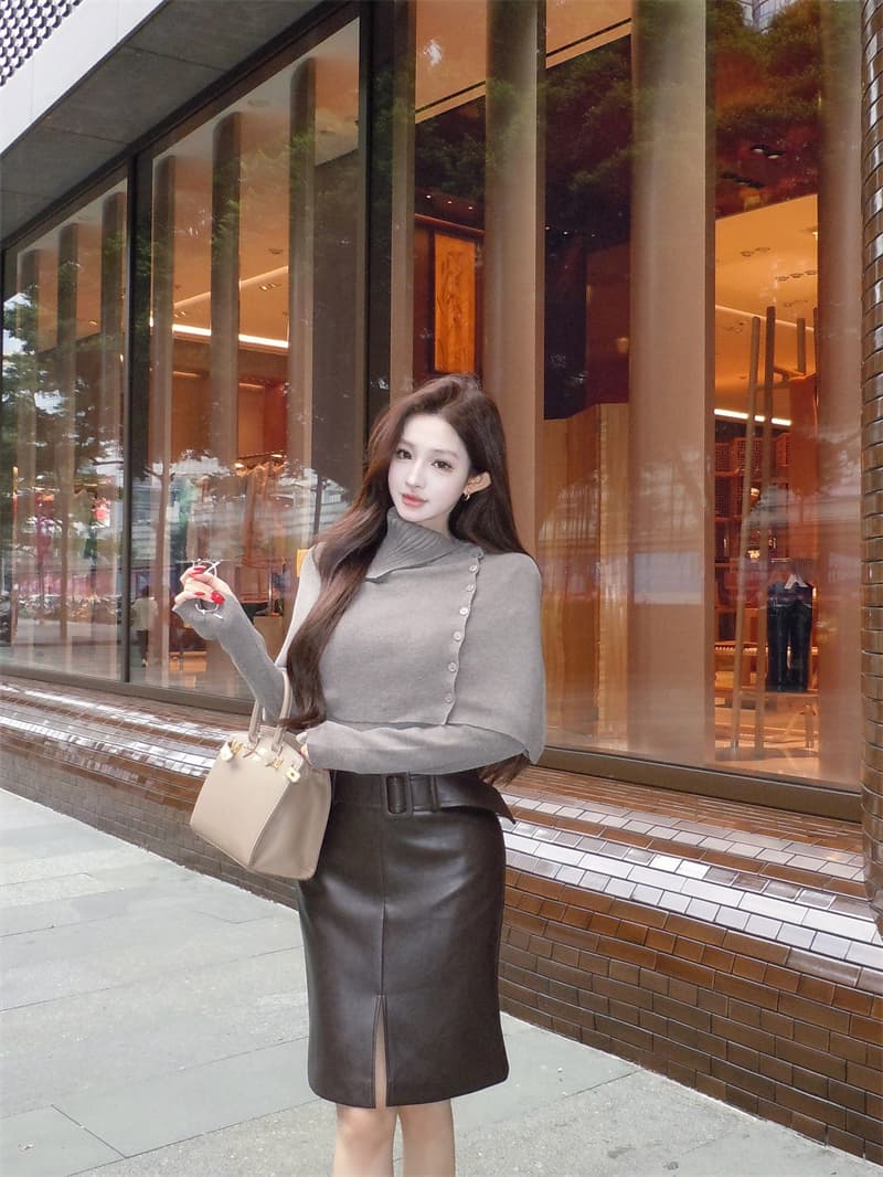 실사 느긋한 바람 터틀넥 숄 망토 니트 스웨터 스웨터 두 조각 여성 세트 PU 가죽 트임 스트레이트 치마 세트 상세 이미지 2
