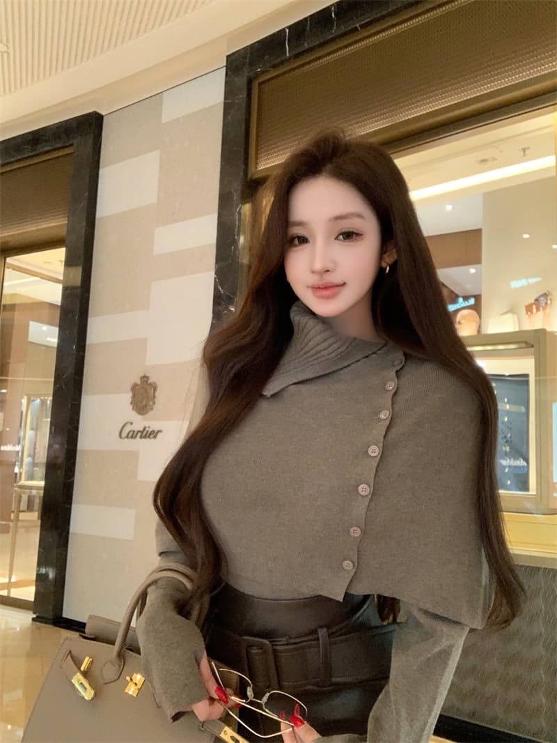 실사 느긋한 바람 터틀넥 숄 망토 니트 스웨터 스웨터 두 조각 여성 세트 PU 가죽 트임 스트레이트 치마 세트 상세 이미지 3