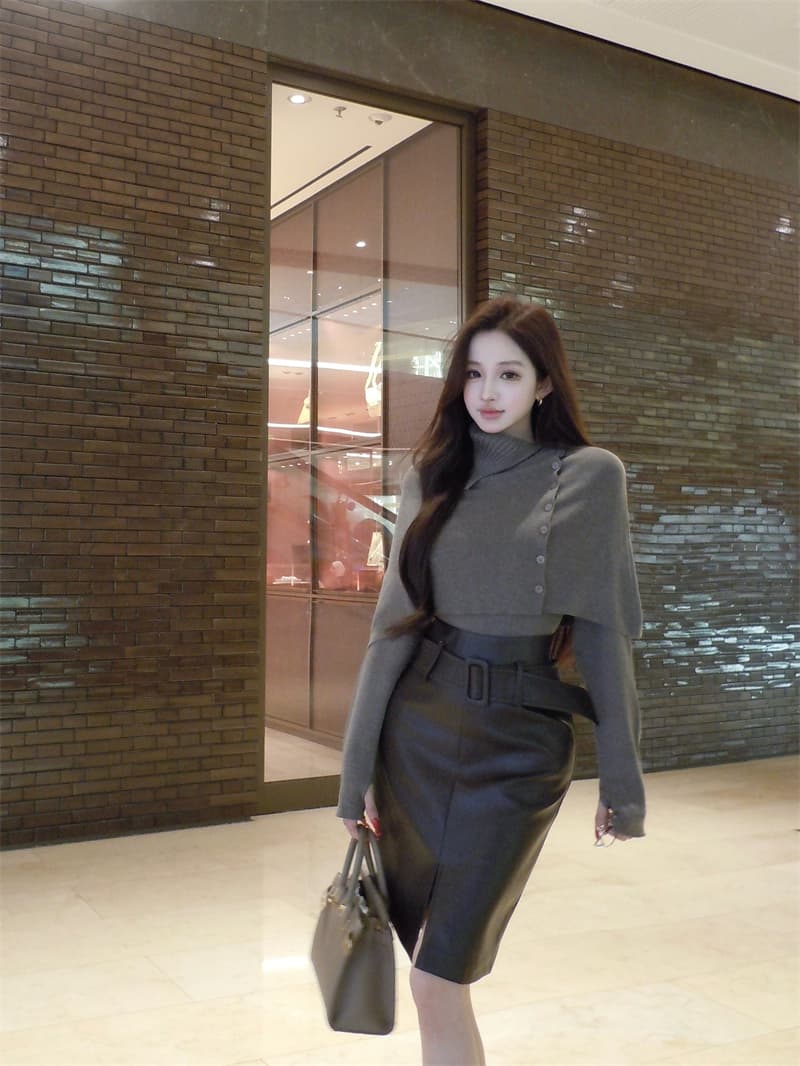 실사 느긋한 바람 터틀넥 숄 망토 니트 스웨터 스웨터 두 조각 여성 세트 PU 가죽 트임 스트레이트 치마 세트 상세 이미지 5