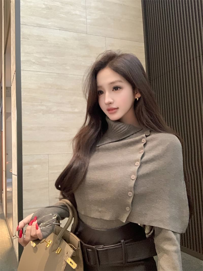 실사 느긋한 바람 터틀넥 숄 망토 니트 스웨터 스웨터 두 조각 여성 세트 PU 가죽 트임 스트레이트 치마 세트 상세 이미지 8