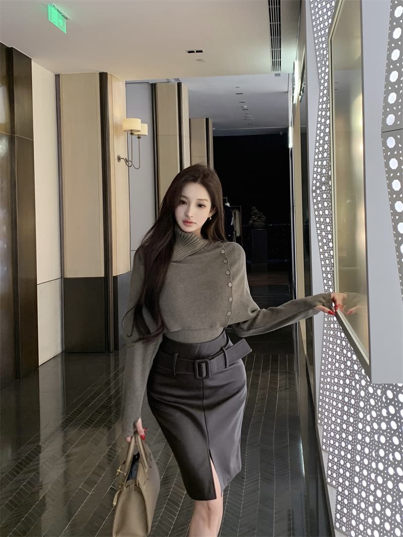 실사 느긋한 바람 터틀넥 숄 망토 니트 스웨터 스웨터 두 조각 여성 세트 PU 가죽 트임 스트레이트 치마 세트 상세 이미지 13