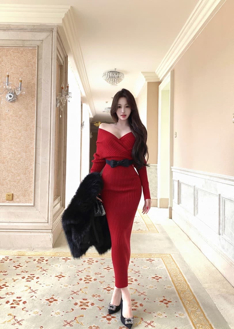 실사 V넥 니트 여성 드레스 프랑스식 허리 수축 롱 스커트 타이트 스커트 긴팔 치마 이미지 3
