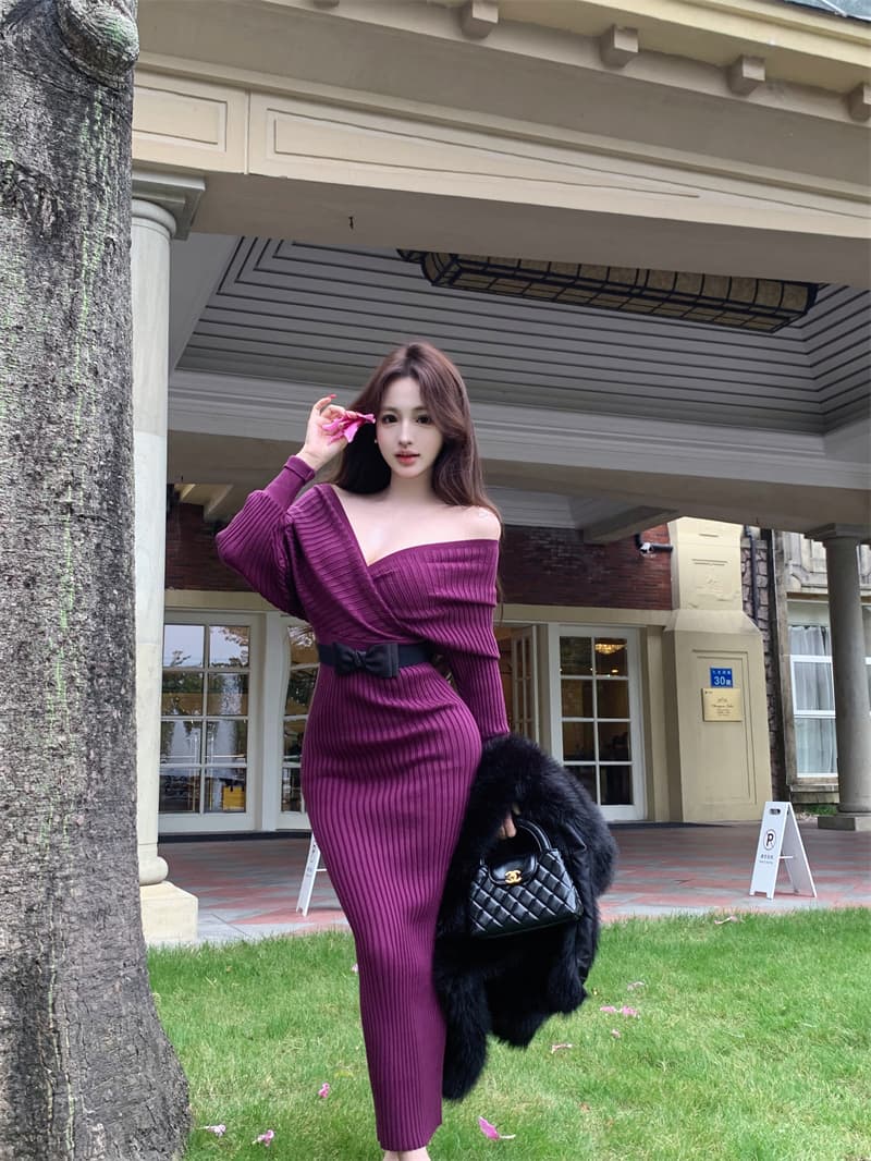 실사 V넥 니트 여성 드레스 프랑스식 허리 수축 롱 스커트 타이트 스커트 긴팔 치마 상세 이미지 12