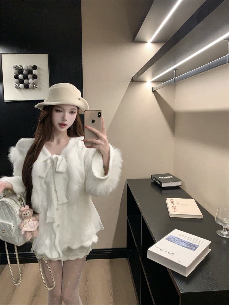 실사 남자 화이트 부드러운 빛 레트로 빛 럭셔리 여우털 패치워크 양모 맨위 반신 치마 세트 상세 이미지 6