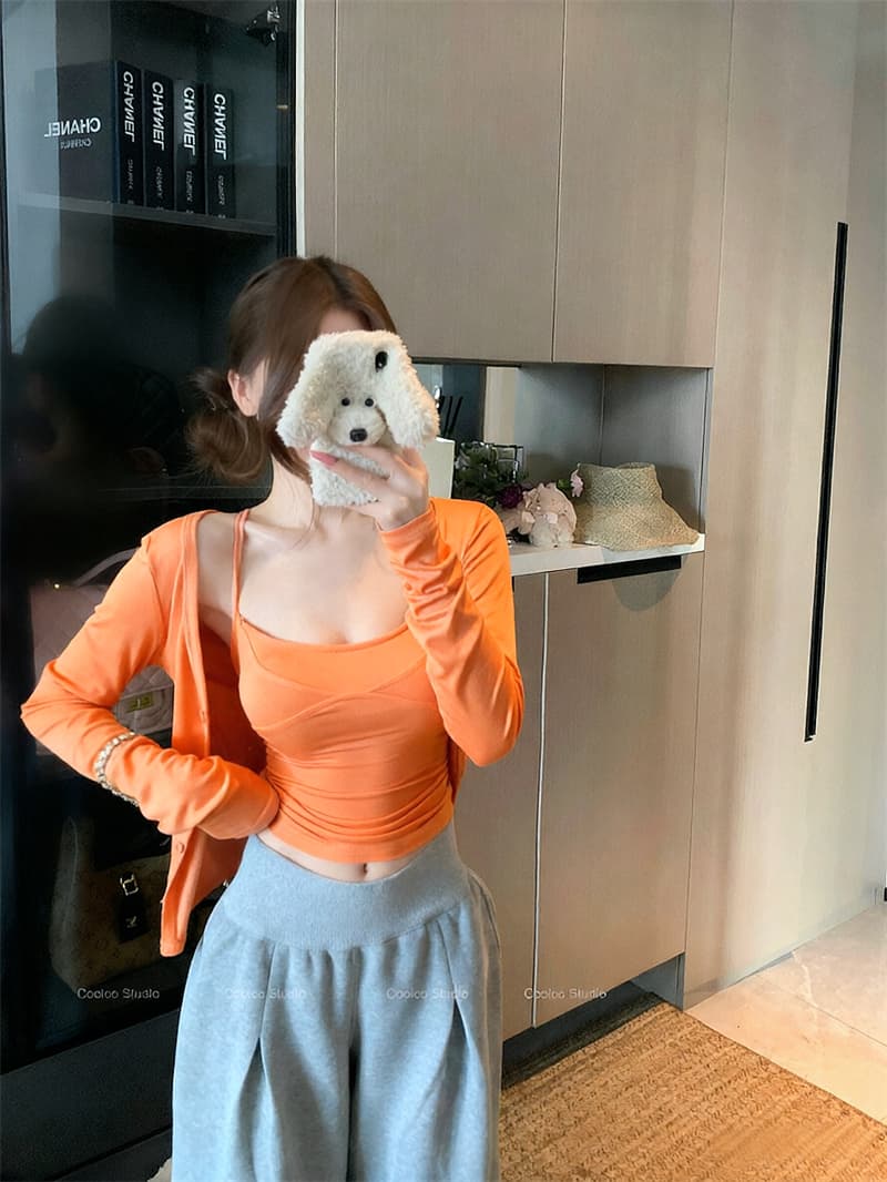 실사 열파 방콕 기타 색상 단어 조끼 몸매 가꾸기 슬립 싱글 줄 버튼 오픈 가디건 투피스 세트 이미지 4