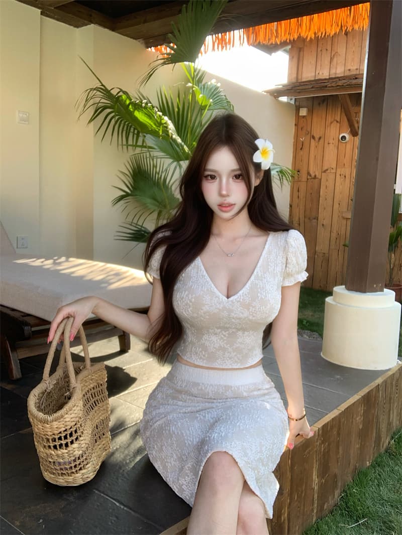 실사 V넥 레이스 맨위 여성 여름 2026 년 새로운 반신 치마 세트 품격 투피스 세트 상세 이미지 12