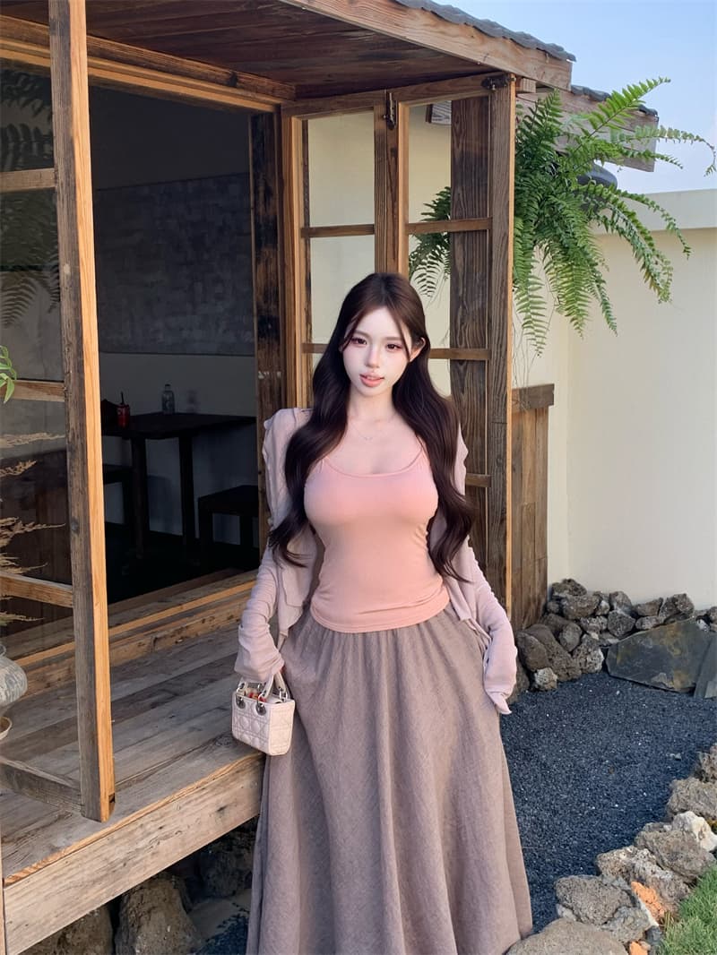 실사 감기 분위기 센스 캐주얼 자외선 차단 오픈 가디건 캐미솔 대 치마 반신 치마 세트 상세 이미지 9