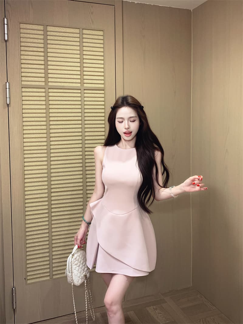 실사 불규칙 자르기 민소매 여성 드레스 디자인 센스 품격 허리 수축 슬림해 보이는 드레스 상세 이미지 1