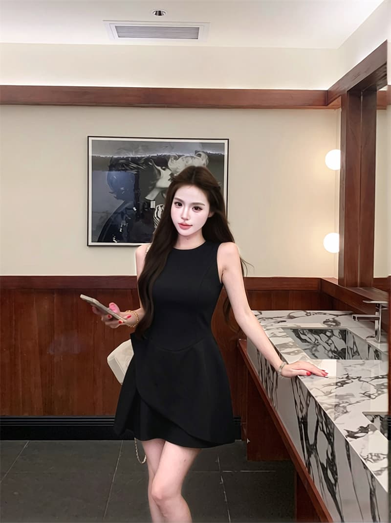 실사 불규칙 자르기 민소매 여성 드레스 디자인 센스 품격 허리 수축 슬림해 보이는 드레스 상세 이미지 5
