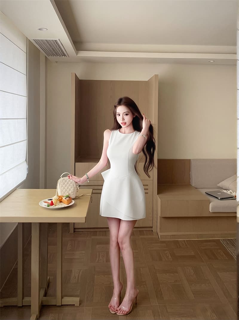 실사 불규칙 자르기 민소매 여성 드레스 디자인 센스 품격 허리 수축 슬림해 보이는 드레스 상세 이미지 7