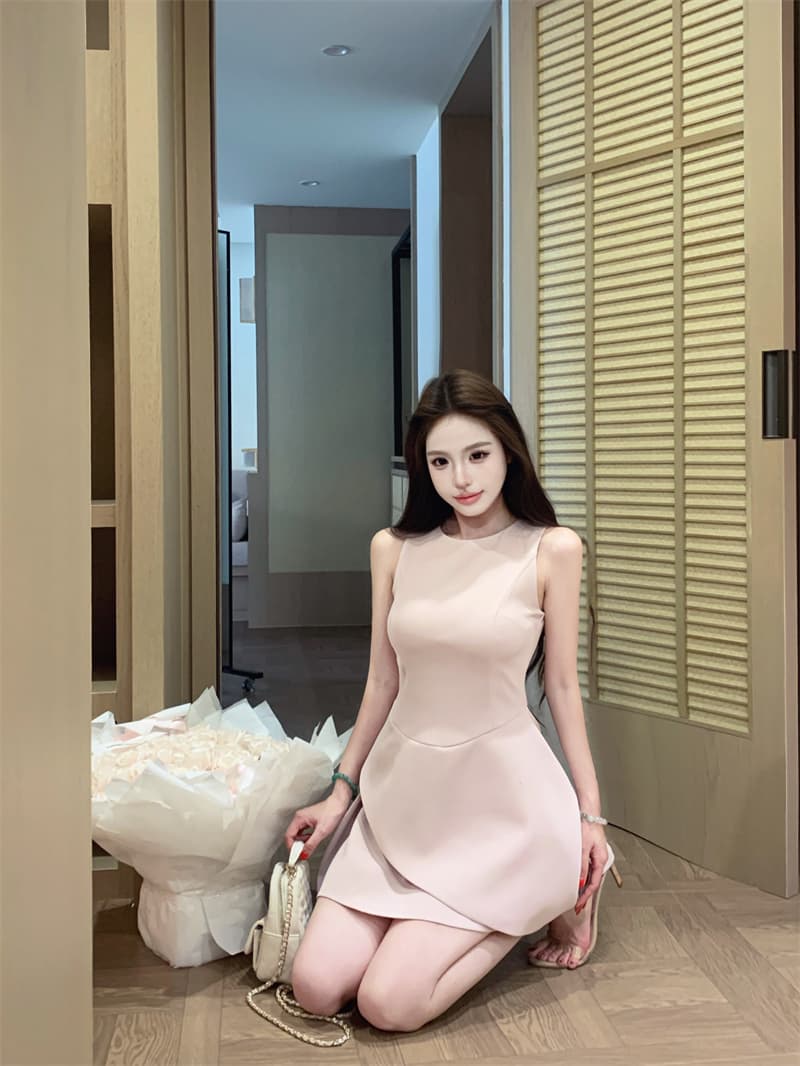 실사 불규칙 자르기 민소매 여성 드레스 디자인 센스 품격 허리 수축 슬림해 보이는 드레스 상세 이미지 15