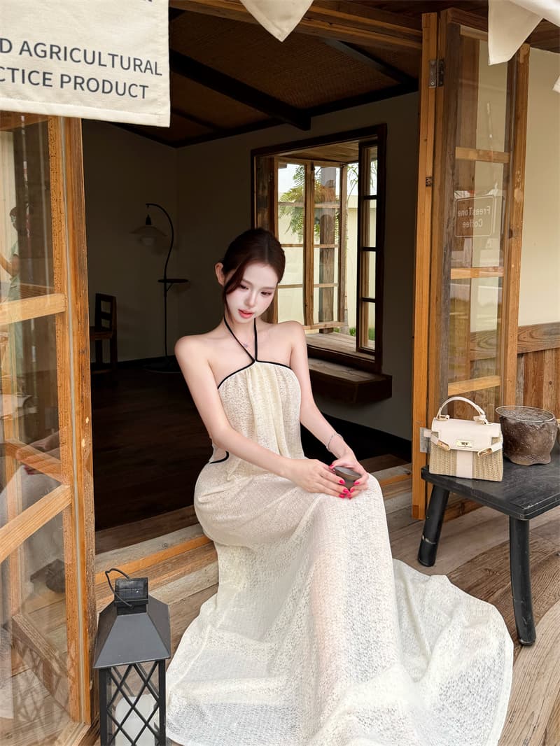 실사 바람 불어 오는 중 Pinellia 여름 순수한 백리스 슬립 디자인 센스 행침 목 스트랩 한 마디 점프 슈트 롱 스커트 상세 이미지 2