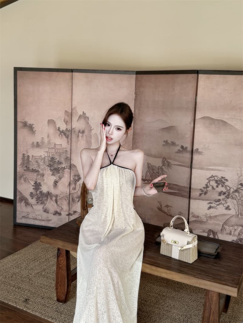 실사 바람 불어 오는 중 Pinellia 여름 순수한 백리스 슬립 디자인 센스 행침 목 스트랩 한 마디 점프 슈트 롱 스커트 상세 이미지 11