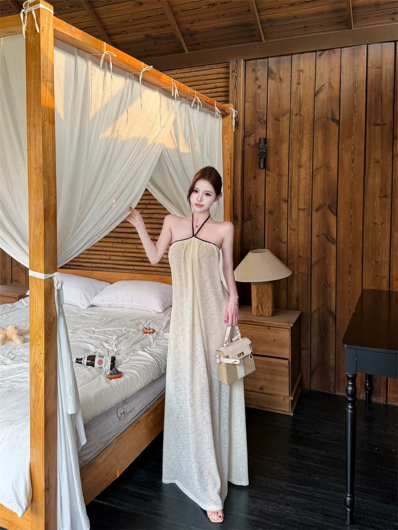 실사 바람 불어 오는 중 Pinellia 여름 순수한 백리스 슬립 디자인 센스 행침 목 스트랩 한 마디 점프 슈트 롱 스커트 상세 이미지 15